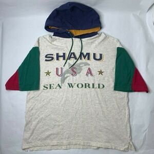Vintage Shamu SeaWorld Mens XL Hooded T Shirt Color Block Spell Out 90s RARE‎